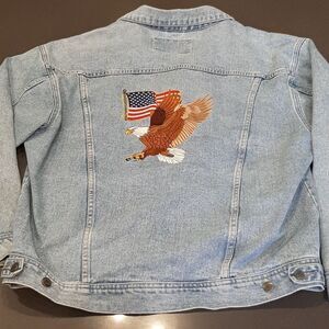 Men's Light Blue Denim Jacket with Eagle and Flag Embroidery